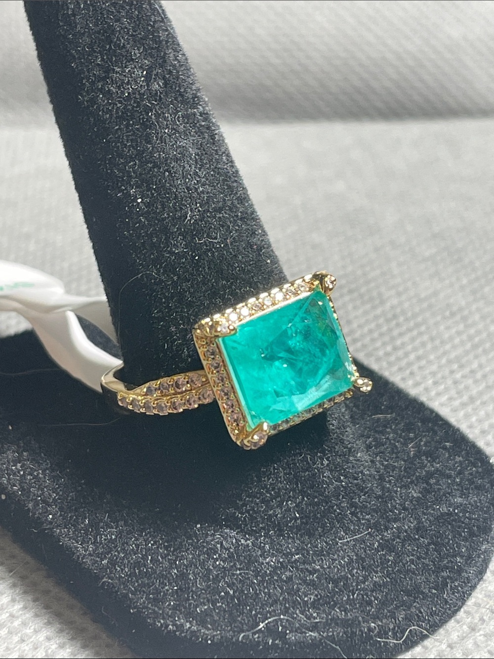 Gold Ring with Emerald-Cut Green Stone and Pavé Accents Blue Aragonite & Quartz